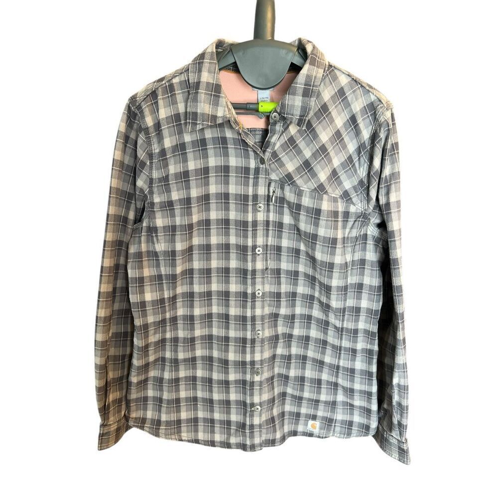 Carhartt womens L 12/14 Long Sleeve Flannel Gray pink plaid Force button up